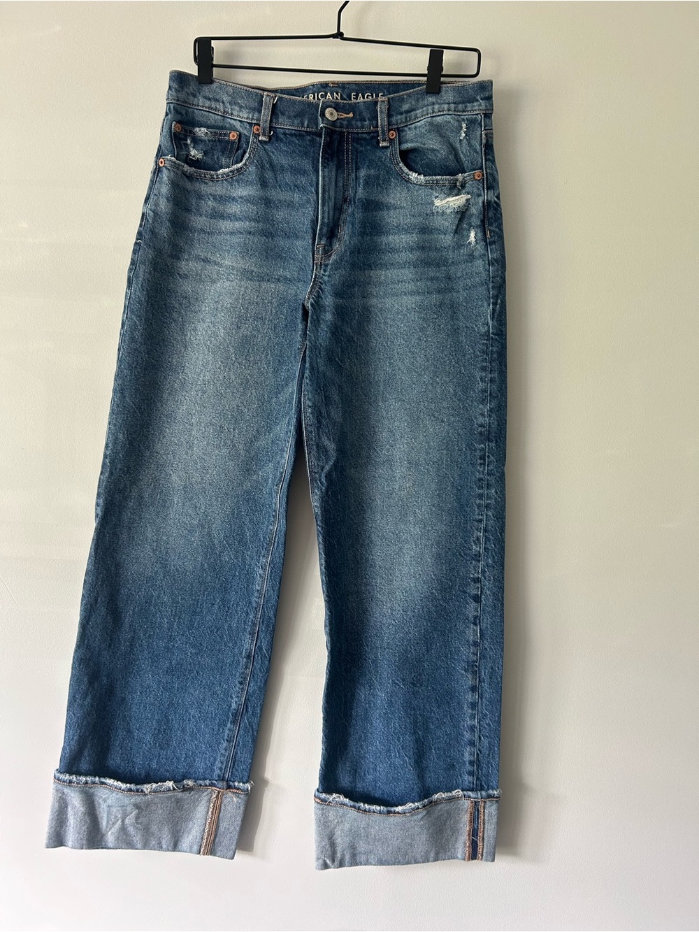 American Eagle Outfitters Men's Medium Blue Relaxed Jeans with Cuffed Hem